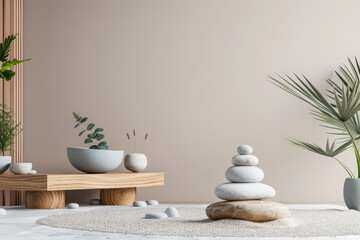Relaxing interior design decor composition with serene colors inviting meditation. Ample copyspace for text, zen inspired.
