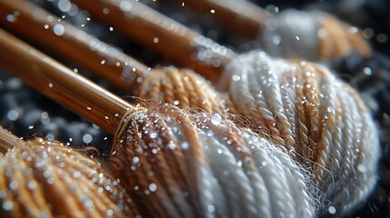 Like a ballet of craftsmanship, the knitting needles pirouette through a cascade of yarn, their movements captured in stunning detail. This close-up invites viewers to marvel at the artistry of each 