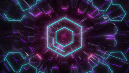 A stunning 3D render of an abstract background featuring vibrant neon hexagons.