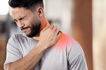 Man, athlete and neck pain in gym, inflammation and muscle sprain or tender from exercise. Male person, runner and red injury from marathon or training practice, hurt and ache or sport accident