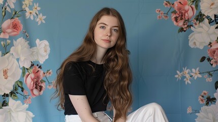 A young woman with long brown hair is sitting in front of a blue floral background. She is wearing a black t-shirt and white pants. The woman has a neutral expression on her face. 