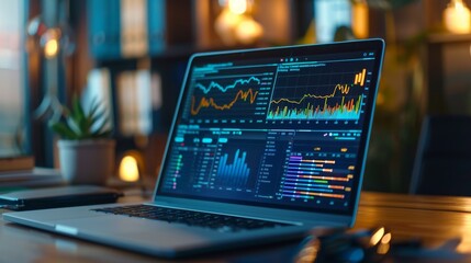 An open laptop with detailed financial charts and graphs on screen, displaying complex market data in a sleek and modern work environment.