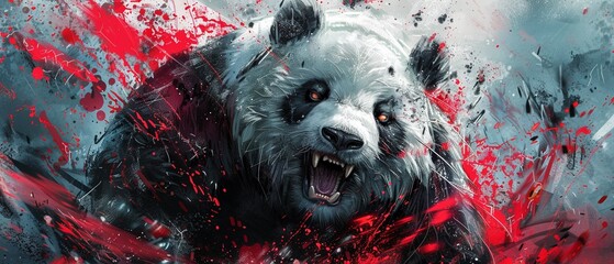 Dynamic illustration of an aggressive panda with vivid details and splashes of red.