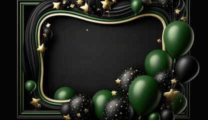 This is a black background with a frame made of green and black balloons and stars. There is empty space in the middle of the frame.