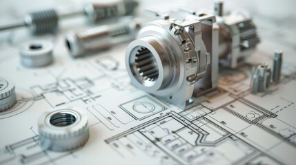 3D rendering of mechanical parts and blueprints