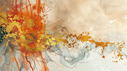 abstract painting fluid splash technique beige and soft orange tone with gold accent dark blues tones, copy space for text, grunge and luxury style.