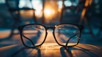 A pair of glasses resting on a table against a sunset backdrop - Powered by Adobe
