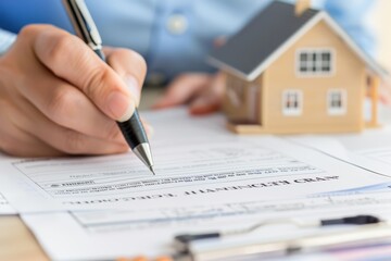 Fototapeta na wymiar homeowner signing mortgage documents with a pen