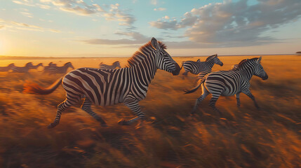 A herd of zebras gracefully galloping across the plains of  Kenya, Africa, their striped patterns blending with the natural beauty of the landscape, all captured in breathtaking 8k resolution