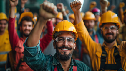 Construction Workers Celebrating Success Together on Site - obrazy, fototapety, plakaty