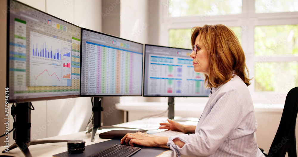 Poster computer spreadsheet data analyst woman