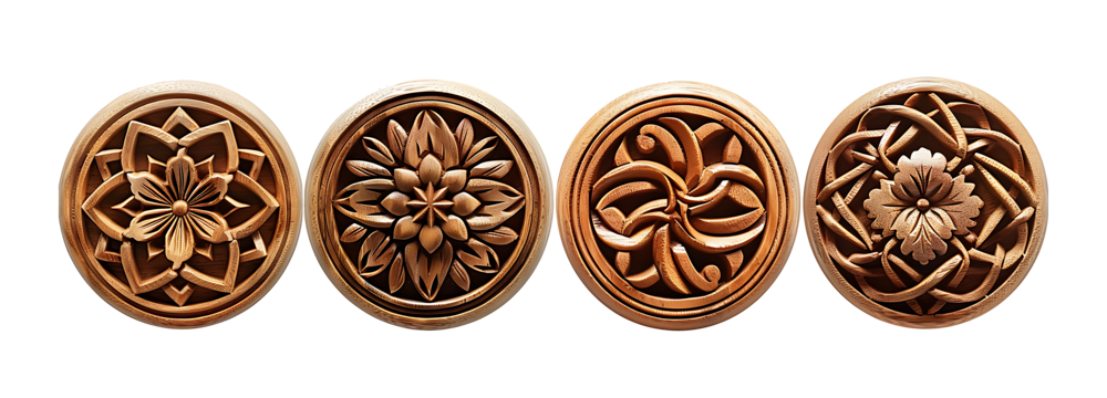 Beautiful woodwork set with round handmade Celtic wood carvings.