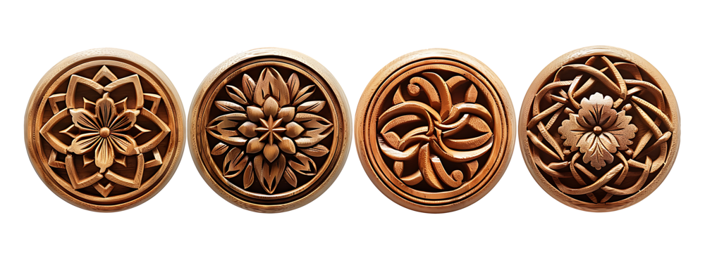 Beautiful woodwork set with round handmade Celtic wood carvings. - Powered by Adobe