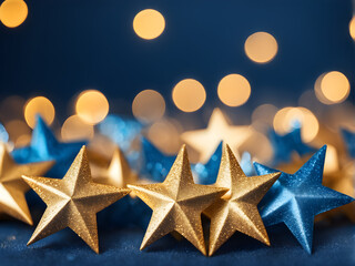 Abstract background composed of blue and gold stars, festive celebration background, blue and gold tones, Christmas and New Year celebrations