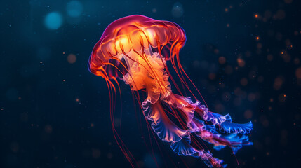 Lighting multicolored rainbow jellyfish floating on a black background