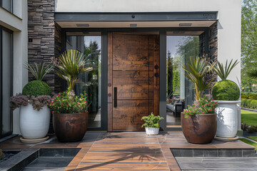 A modern house with stone accents, featuring an elegant front door surrounded by large planters filled with lush greenery and flowers. Created with Ai