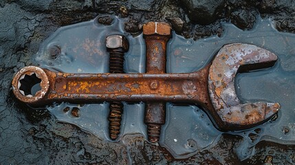 rusty wrench and bolt, showcasing textures and reflections on a wet, dark surface