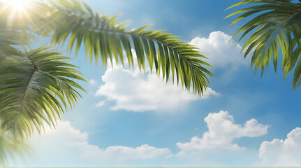 Beautiful tropical nature with coconut palm tree on blue sky and white cloud.Generative.Ai