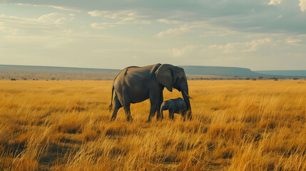 A heartwarming scene unfolds as an African Bush Elephant mother tenderly protects her calf with a...