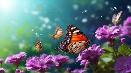 butterfly on flower Monarch butterfly feeding on purple aster flower in summer floral background. Monarch butterflies in autumn blooming asters.Generative.Ai