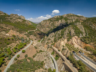Aerial view of the Despeñaperros gorge and the roads that cross the strait (Jaén, Andalusia, Spain)