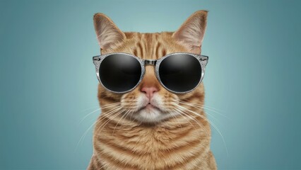 Closeup portrait of funny ginger cat wearing sunglasses isolated on light cyan. Copyspace.