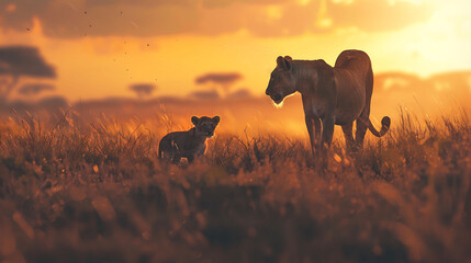 A heartwarming encounter between an African lioness and her curious cub in Maasai Mara, their bond highlighted against the timeless backdrop of Africa's iconic savannas
