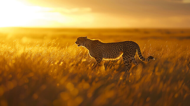 A graceful cheetah stalking its prey in the golden savannah of  Kenya, Africa, showcasing the epitome of speed and agility in mesmerizing 8k resolution