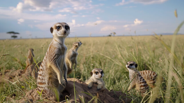 A charming scene unfolds as a family of meerkats pop up from their burrows to survey their surroundings in  Kenya, Africa,