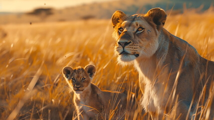 A captivating sight in Maasai Mara as an African lioness and her curious cub explore their...