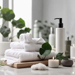 Fototapeta na wymiar Fresh Cosmetics and Cotton Towels: Bathroom Beauty Scene