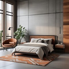 Contemporary Industrial Bedroom Concrete Walls & Metal Frame