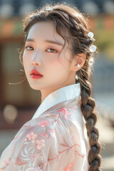 advertising photo for a skincare brand showing a beautiful teenage Korean woman wearing Hanbok, a traditional Korean costume,with braided hair, portrait