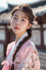 advertising photo for a skincare brand showing a beautiful teenage Korean woman wearing Hanbok, a traditional Korean costume,with braided hair, portrait