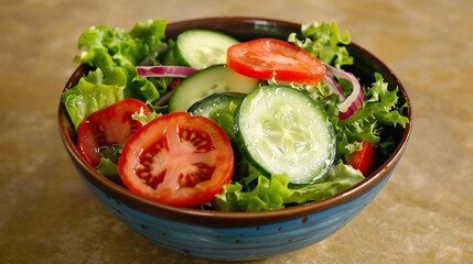 Fresh Salad A colorful salad bowl filled with crisp lettuce, ripe tomatoes, crunchy cucumbers, and other fresh vegetables, drizzled with tangy vinaigrette