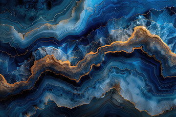 Blue and gold abstract marble wallpaper with dark blue waves, golden swirls. Created with Ai