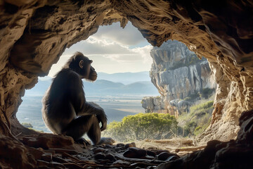 Portrait of Chimpanzee in primordial habitat - obrazy, fototapety, plakaty