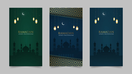 Fototapeta na wymiar Ramadan Kareem and Eid Mubarak Islamic Realistic Social Media Stories Collection Template with Mosque Sillhouette