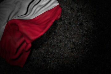 wonderful dark photo of Poland flag with big folds on dark asphalt with free space for text - any feast flag 3d illustration..