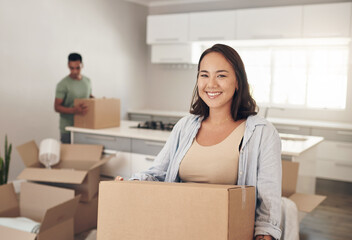 Happy woman, moving and carry box in new house for property, investment and real estate in living...