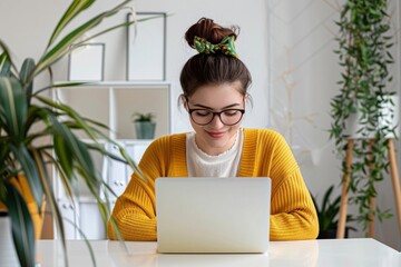 female entrepreneur working on computer in a contemporary home office - strategy, entrepreneur lifestyle - business development blogging - obrazy, fototapety, plakaty