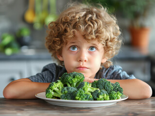 Boy looking sad with a plate filled with healthy broccoli in front