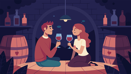 Between sips of velvety cabernet the couple shared secrets and dreams their voices muted by the hushed atmosphere of the secluded wine cellar.. Vector illustration
