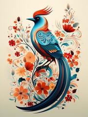 Naklejka premium Folkloreinspired bird, ornate patterns, berry sprig , illustration