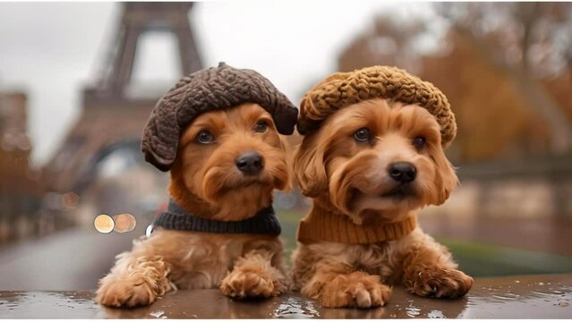 Two cute dogs in berets strike a pose in front of the Eiffel Tower. Concept Pets, Fashion, Paris, Photography, Fun