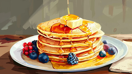 Pancakes with Maple Syrup A stack of fluffy pancakes drizzled with golden maple syrup and topped with a pat of melting butter, served on a plate with fresh berries