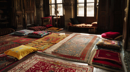 Soft, colorful rugs scattered across the floor of an otherwise dark, elegant room, adding warmth and texture.