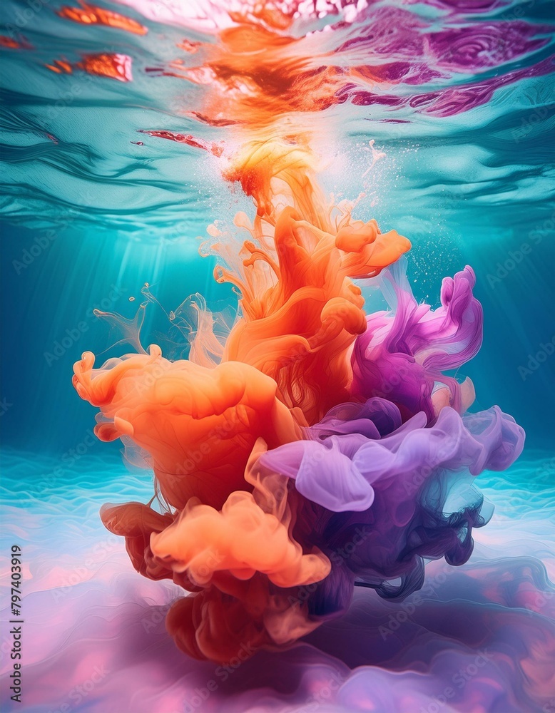 Wall mural an underwater scene where a burst of colorful paint is exploding in a clear blue ocean
