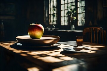 Apple in light brown plate nature morte 