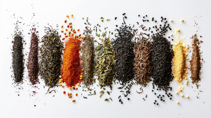 Assorted spices and herbs lined up, showcasing a variety of textures and colors.